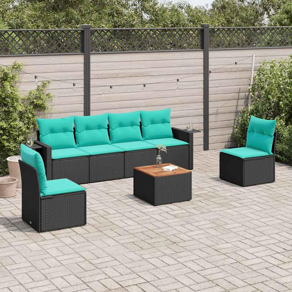 Havesofasæt i sort polyrattan med blå hynder - modulært loungesæt, 7 hynder