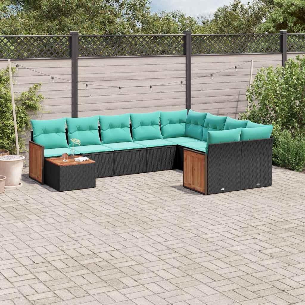 Havesofasæt i sort polyrattan med 10 blå hynder - modulopbygget loungesæt med bord