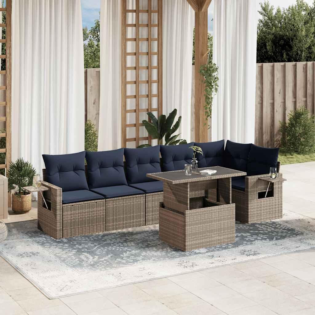 Havesofasæt i grå polyrattan - 7 dele med marineblå hynder og justerbart bord