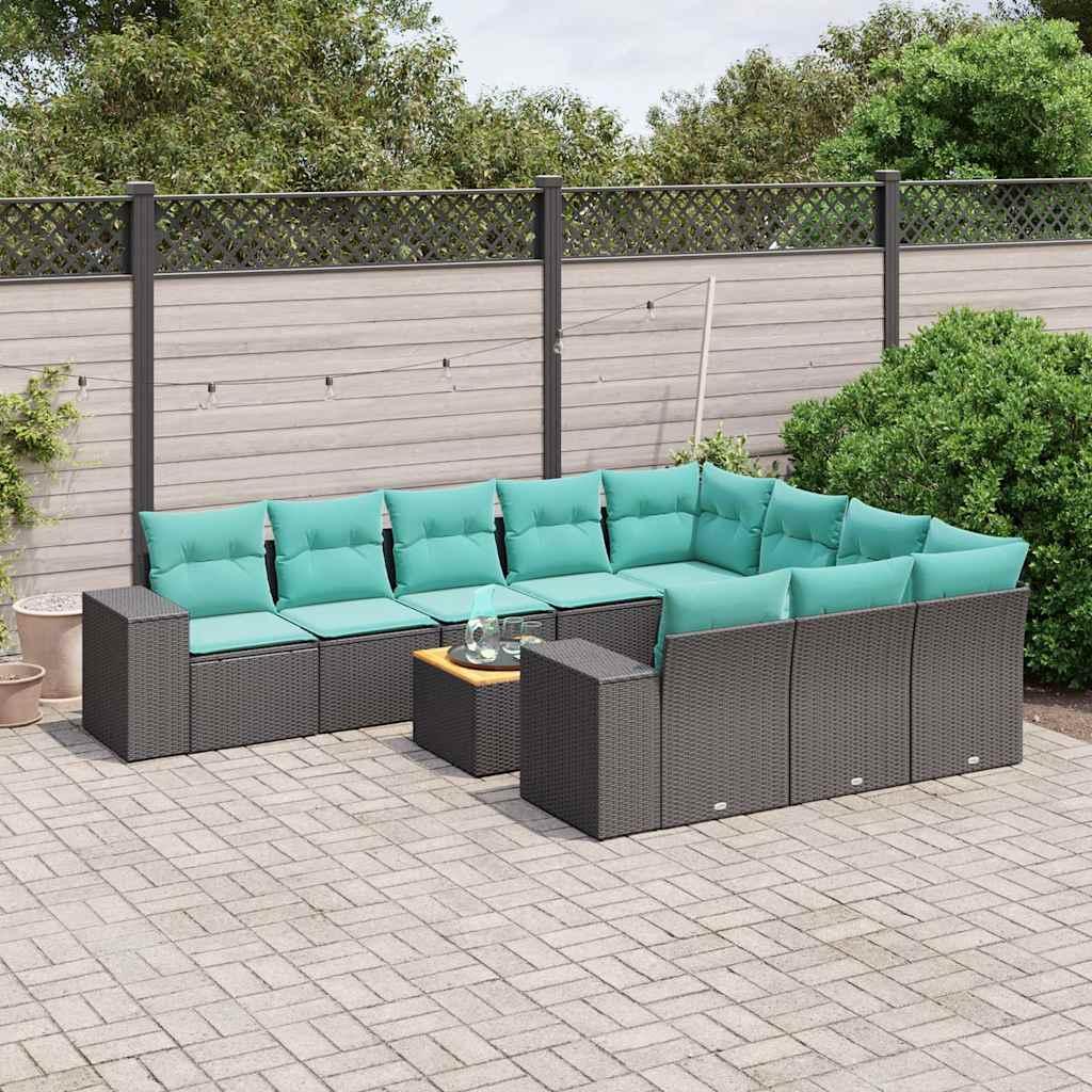vidaXL 11-delt havesofasæt med hynder sort polyrattan