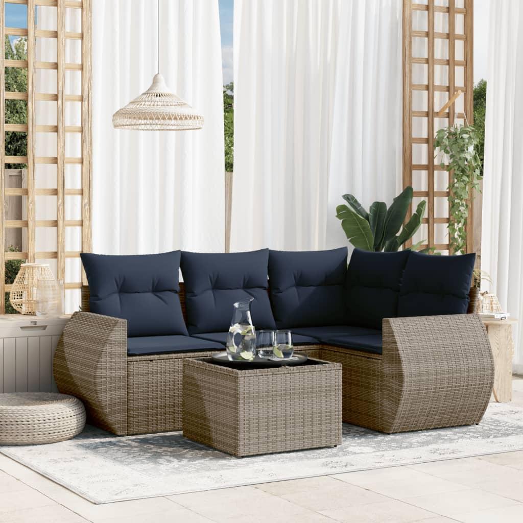Havesofasæt i grå polyrattan med marineblå hynder - 5 dele