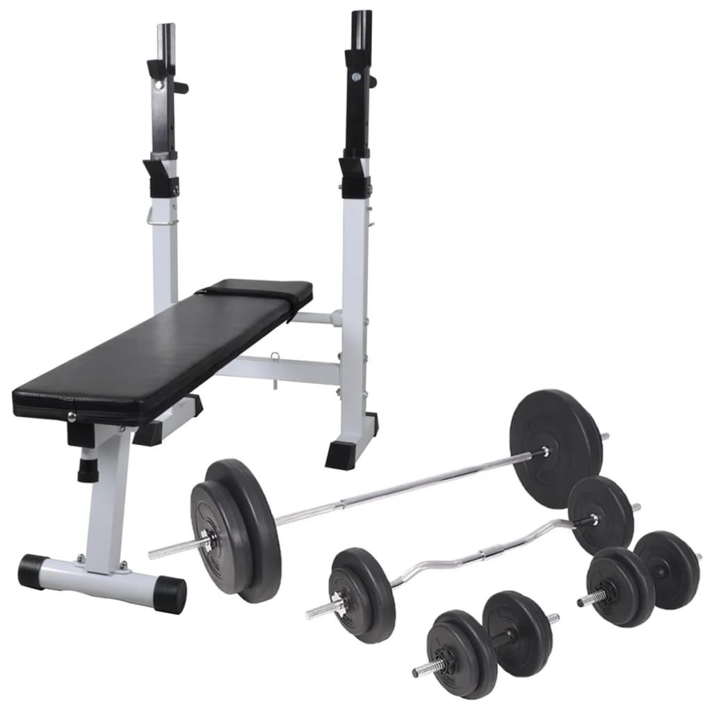 Træningsbænk med vægtstativ, vægtstangs- og håndvægtssæt 90 kg
