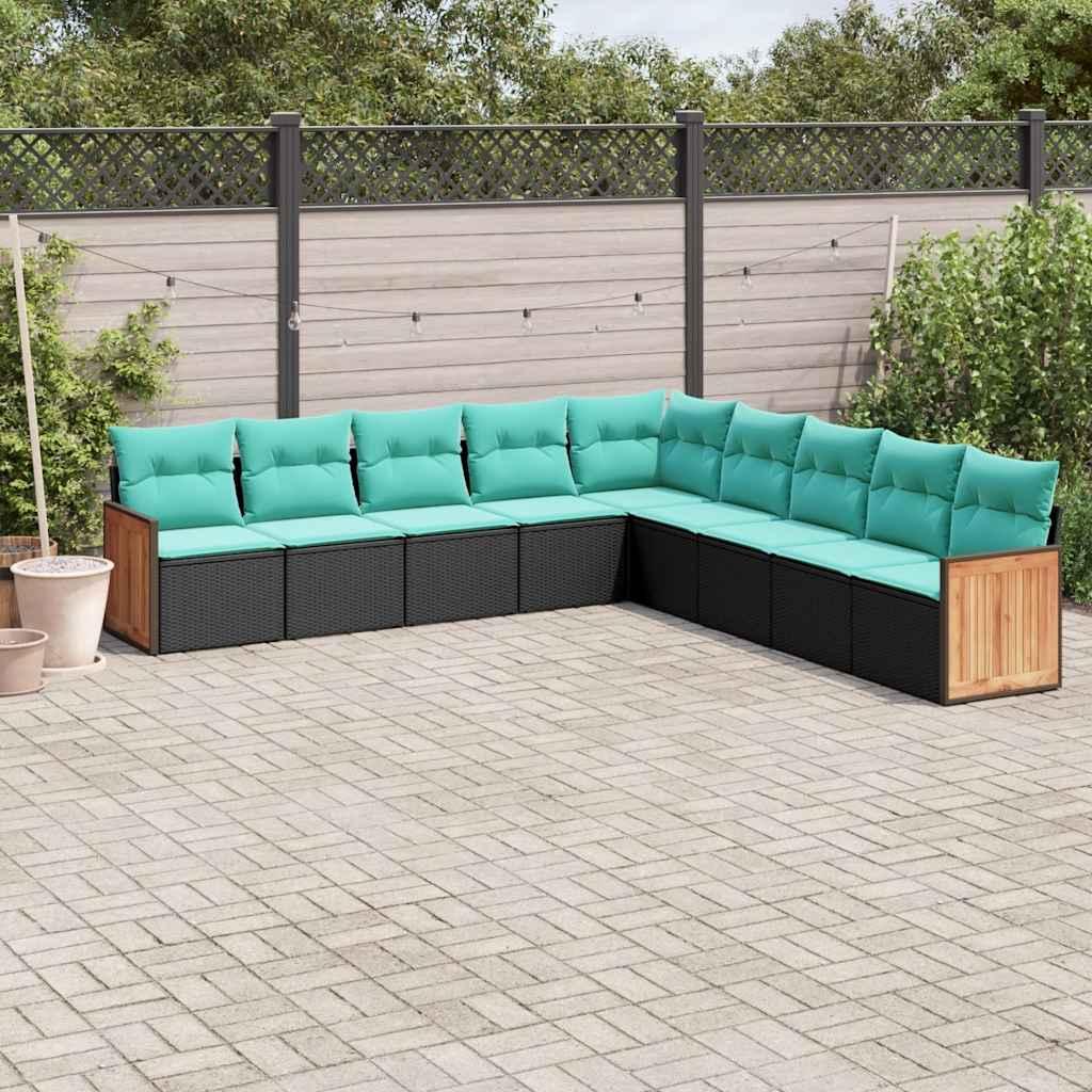 Havesofasæt i sort polyrattan med 9 dele og blå hynder
