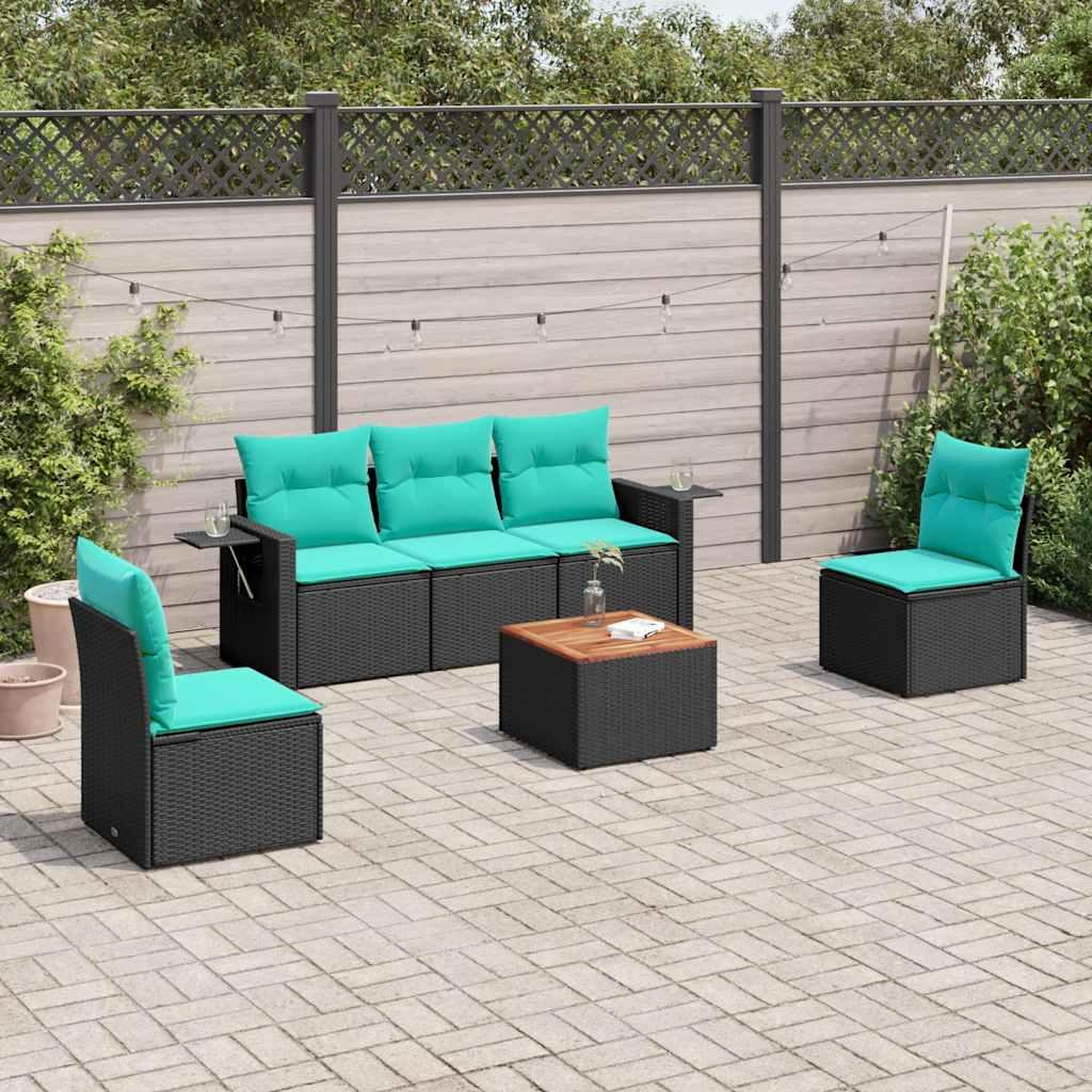 Havesofasæt i sort polyrattan med 6 blå hynder - modulært loungesæt