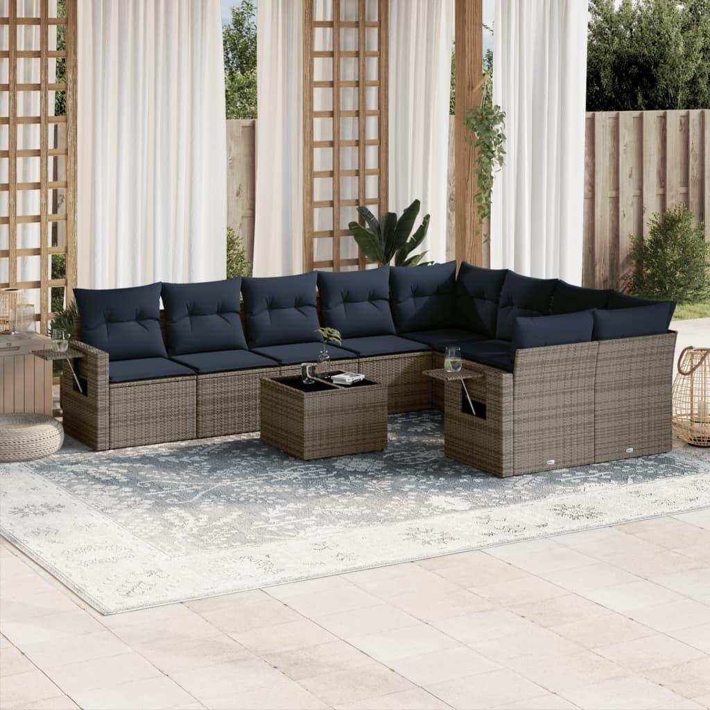 Havesofasæt i grå polyrattan med marineblå hynder - 10 dele, modulært loungesæt
