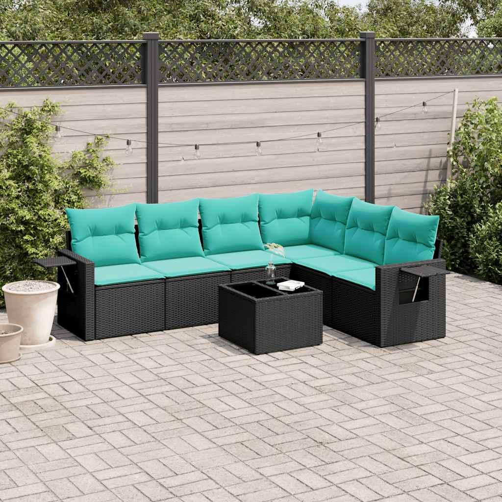 Havesofasæt i sort polyrattan med 7 blå hynder og bord