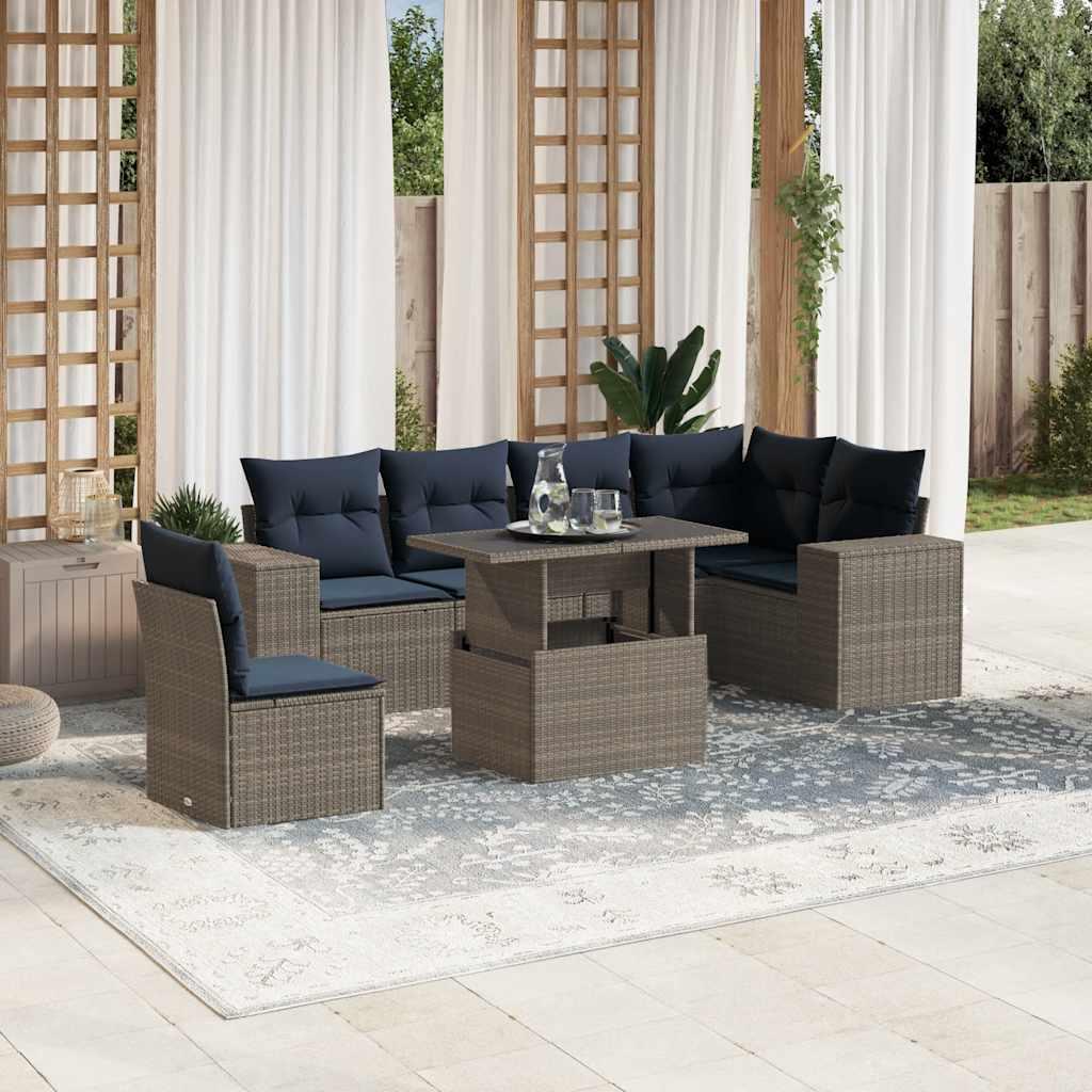 Havesofasæt i polyrattan - 7 dele med marineblå hynder, grå