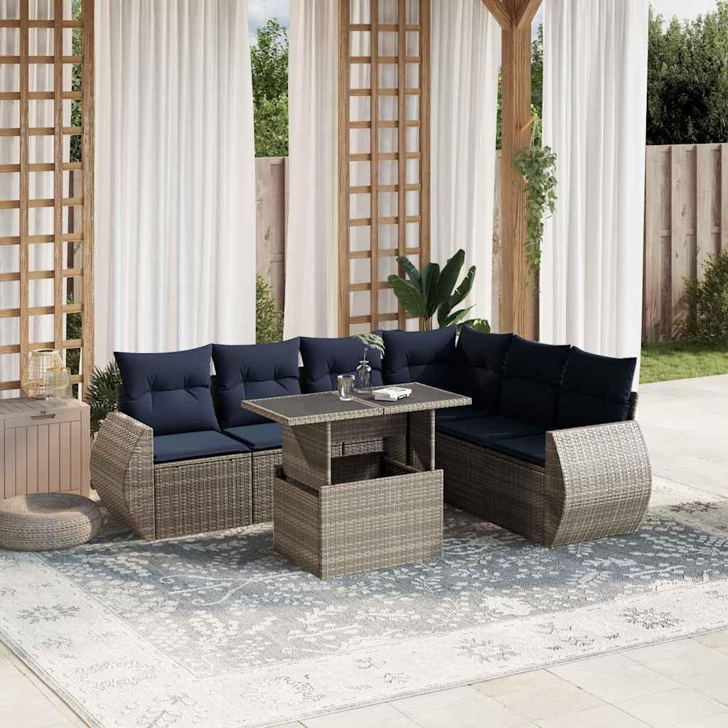 Havesofasæt i grå polyrattan med hæve-/sænkebord - 7 dele, marineblå hynder