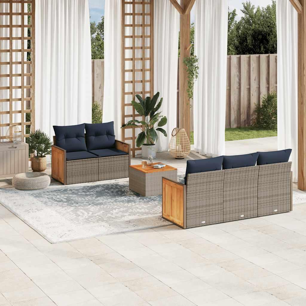 Havesofasæt i grå polyrattan - 6 dele med marineblå hynder