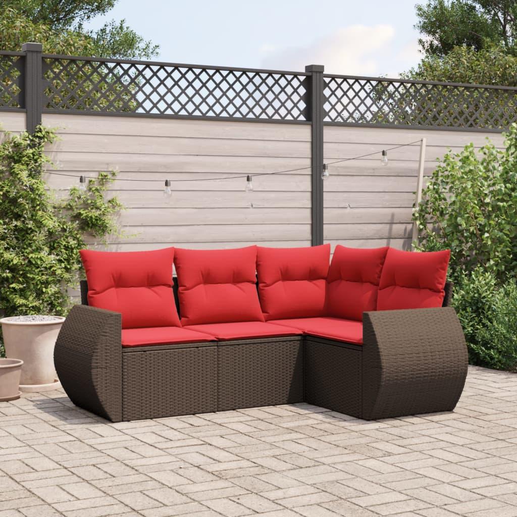 Havesofasæt med 4 dele og hynder brun polyrattan