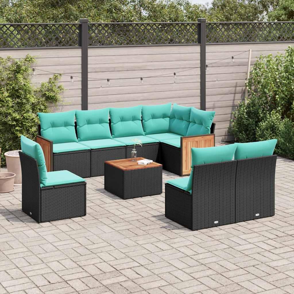 Havesofasæt i sort polyrattan med 9 dele og blå hynder