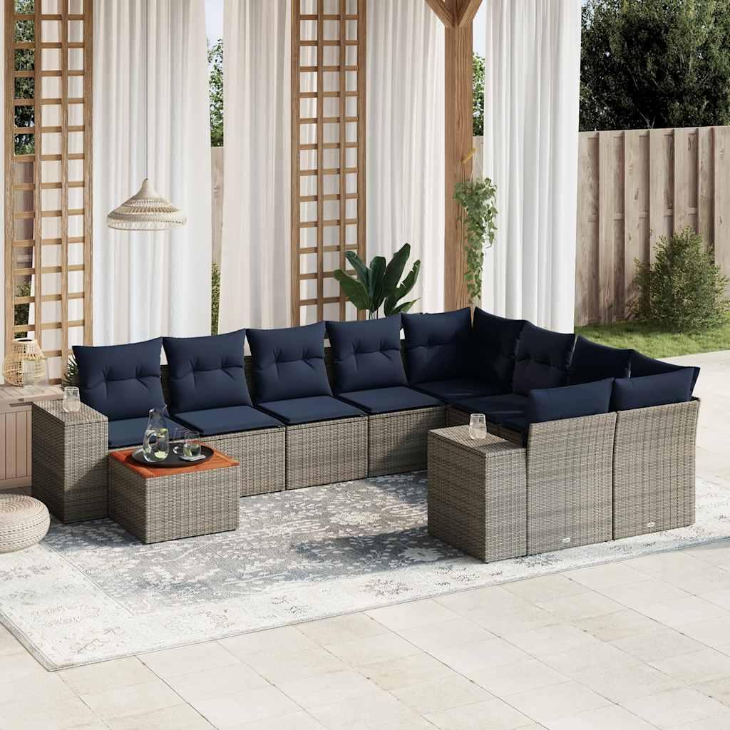 Havesofasæt i grå polyrattan med marineblå hynder - 10 dele, modulært loungesæt