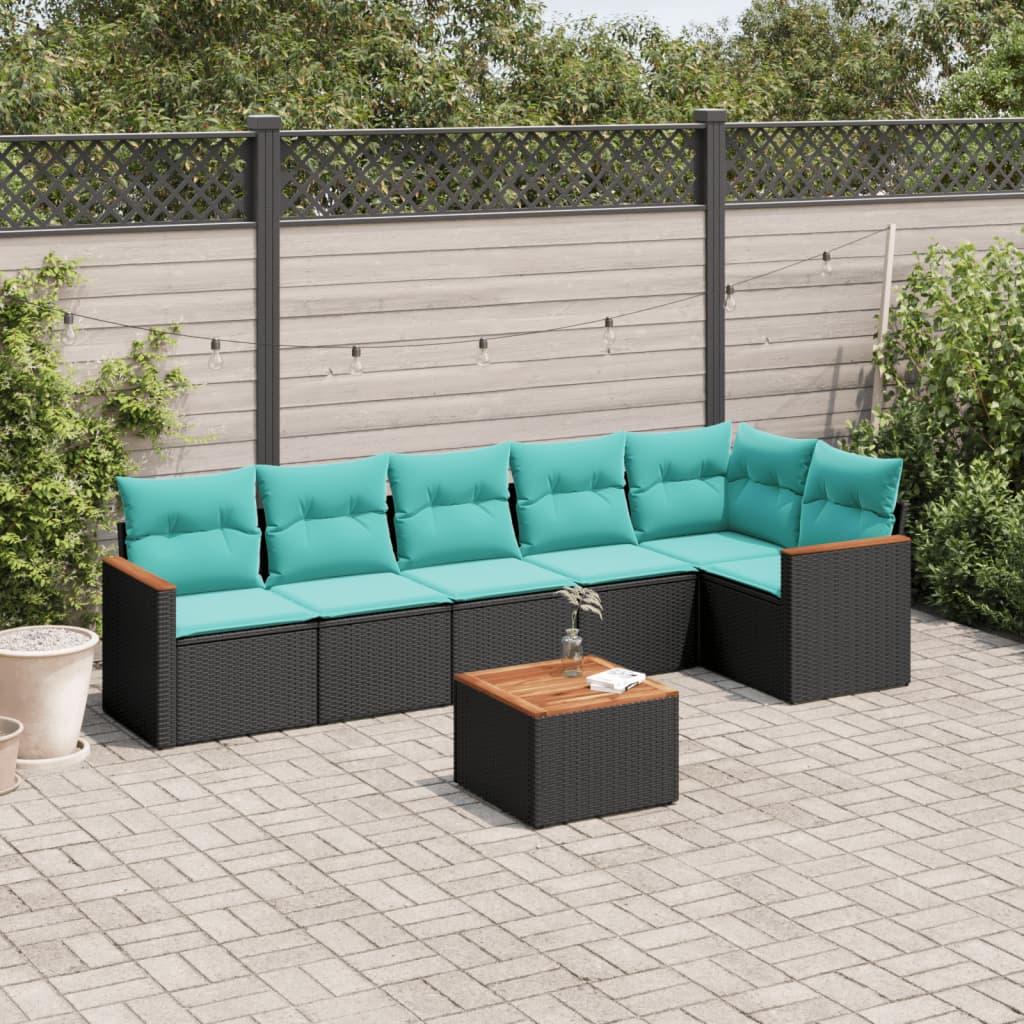 Havesofasæt i sort polyrattan med akacietræsbord - inkl. 7 blå ryghynder