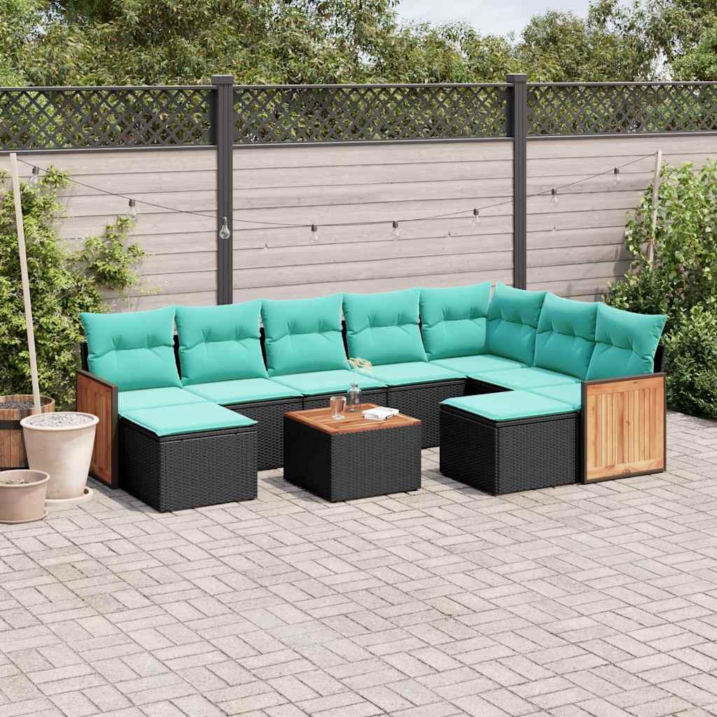 Havesofasæt i sort polyrattan med 10 blå hynder - modulært loungesæt