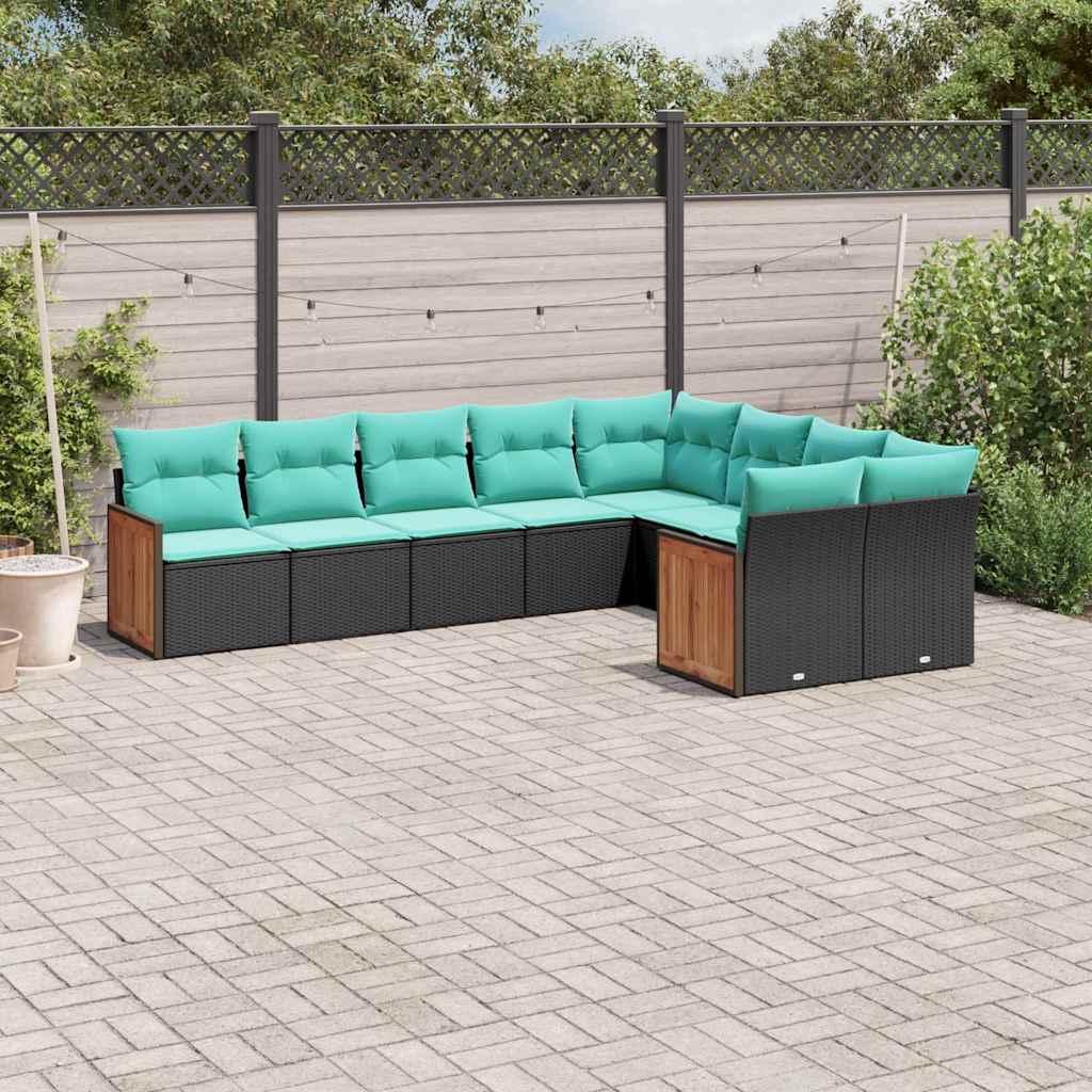 Havesofasæt i sort polyrattan - 9 dele med blå hynder