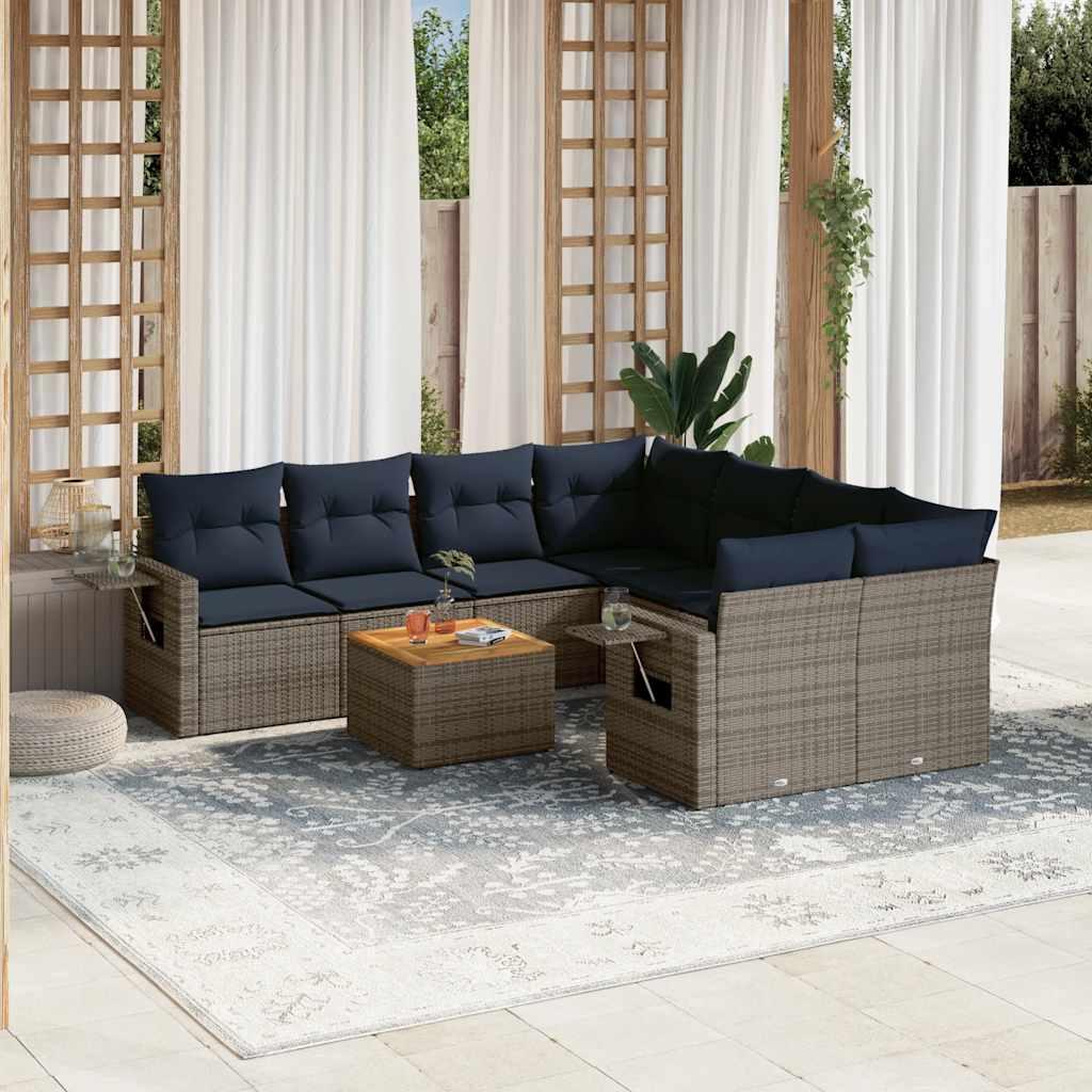 Havesofasæt i polyrattan med 9 dele og marineblå hynder - grå