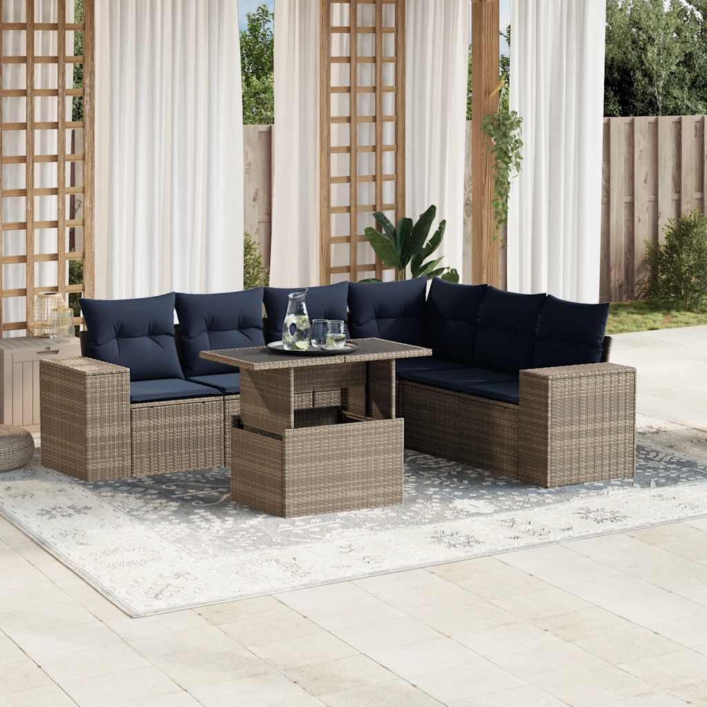 Havesofasæt i polyrattan - 7 dele med marineblå hynder, grå