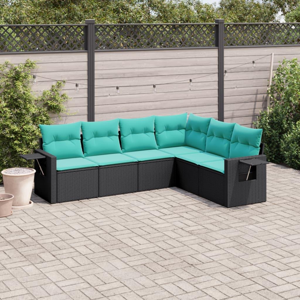 Havesofasæt i sort polyrattan med 6 blå hynder - modulært hjørnesæt