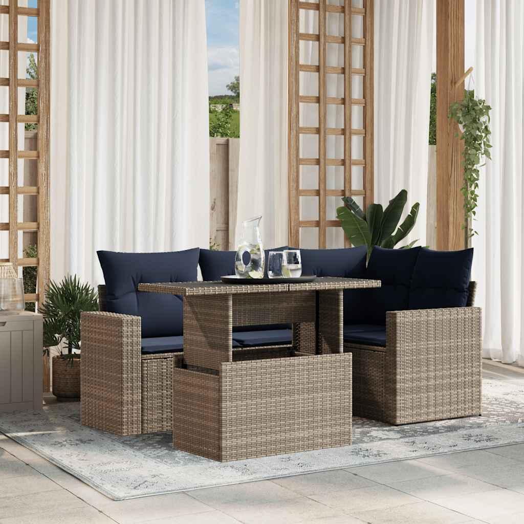 Havesofasæt i polyrattan med hæve-/sænkebord - 5 dele, grå med marineblå hynder