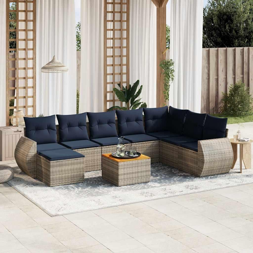 Havesofasæt i grå polyrattan med hynder - 9 dele, modulært loungesæt