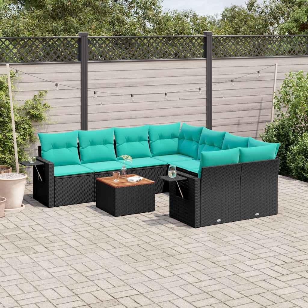 Havesofasæt i sort polyrattan - 9 dele med blå hynder