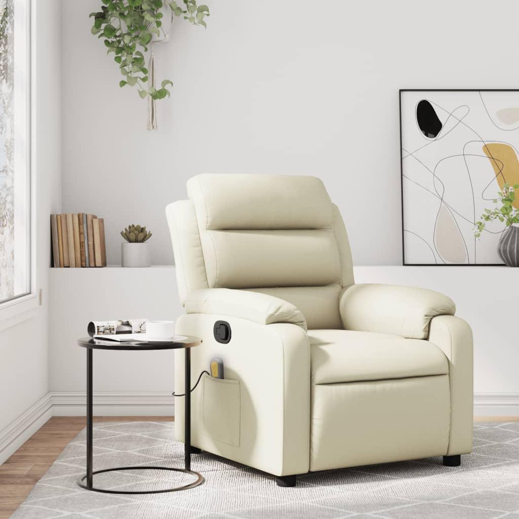 Massagestol i cremefarvet kunstlæder - manuel recliner med 6-punkts vibrationsmassage
