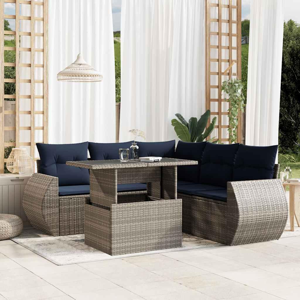 Havesofasæt i grå polyrattan - 6 dele med marineblå hynder og højdejusterbart bord