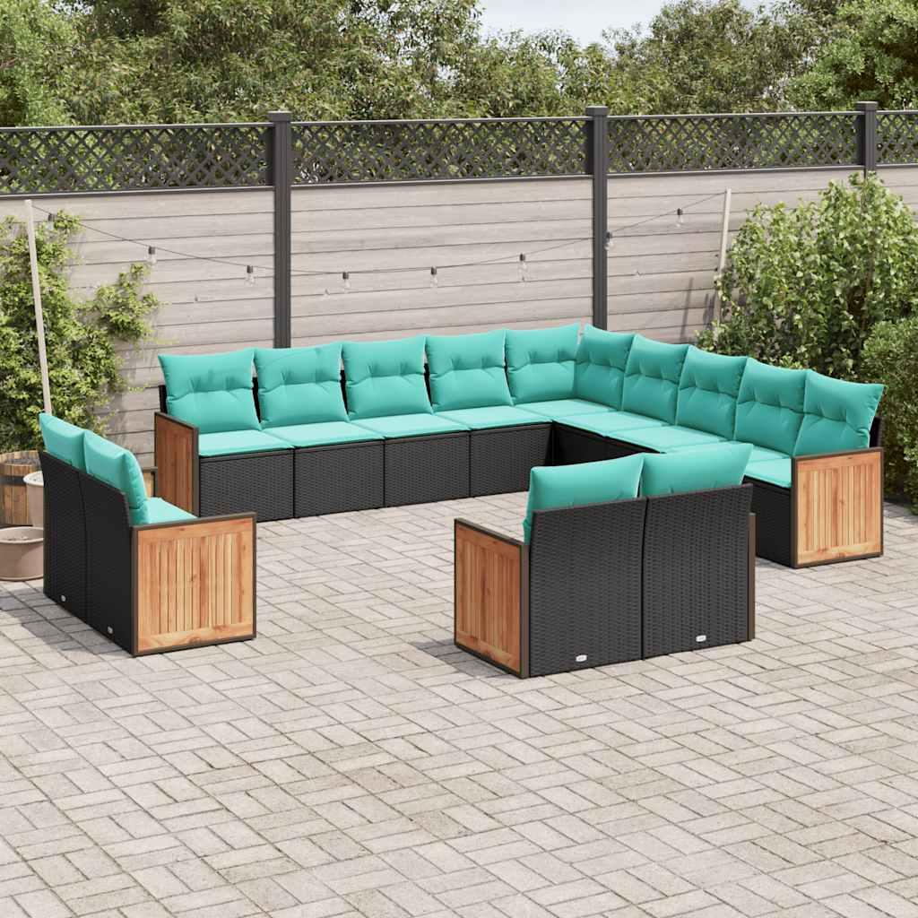 13-delt havesofasæt i sort polyrattan med blå hynder