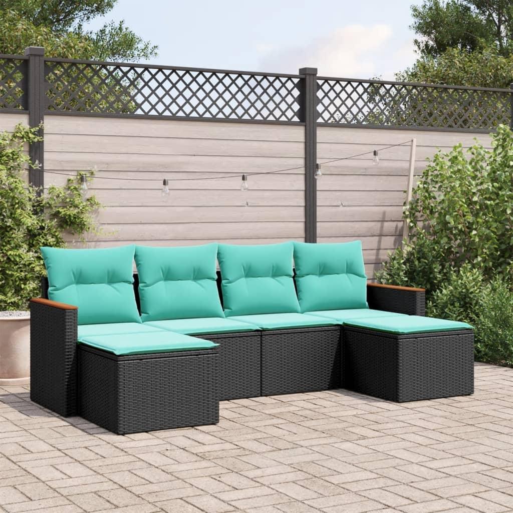 Havesofasæt i sort polyrattan med 6 blå hynder - modulært loungesæt