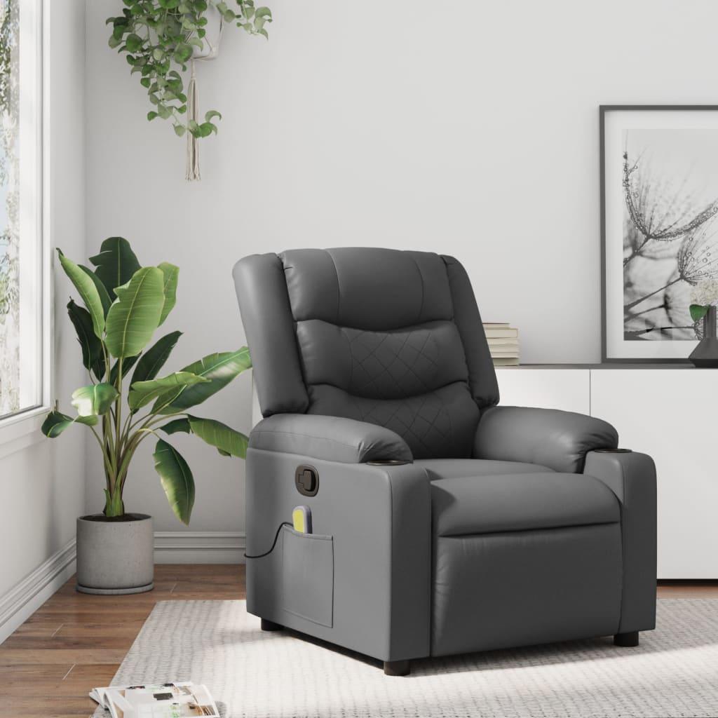 Massagestol i grå kunstlæder - manuel recliner med 6-punkts vibrationsmassage