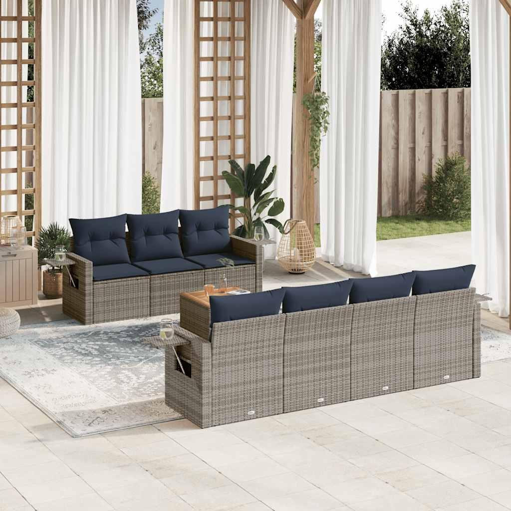 Havesofasæt i grå polyrattan med 8 marineblå hynder - modulært loungesæt