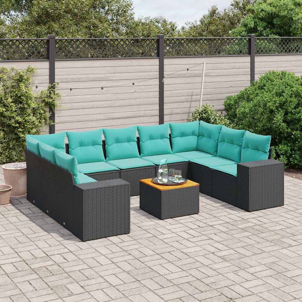 Havesofasæt i sort polyrattan med 10 blå hynder - modulært loungesæt