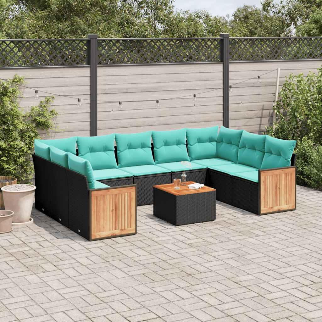 Havesofasæt i sort polyrattan med 10 blå hynder - modulært loungesæt med bord