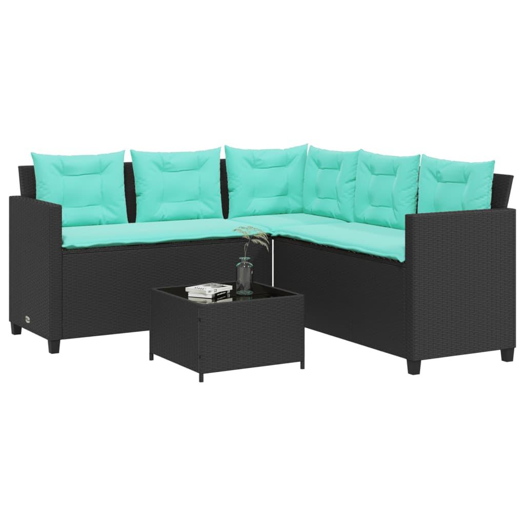 Havesofa med bord og hynder L-formet sort polyrattan