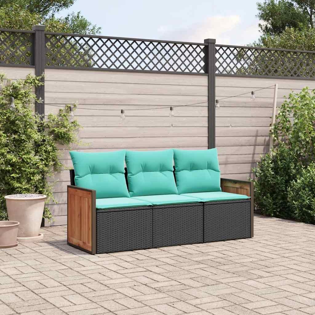 Havesofasæt i polyrattan, 3 dele, sort - med blå hynder