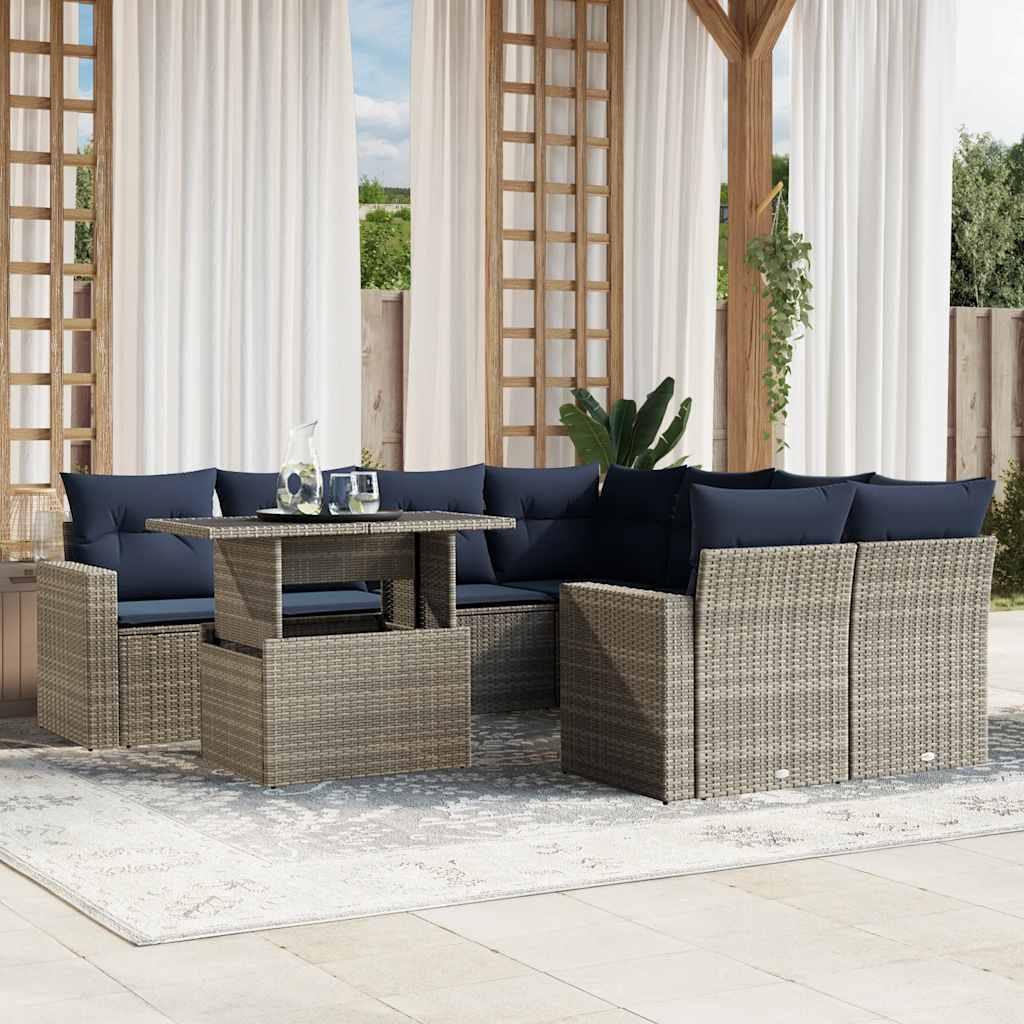 Havesofasæt i grå polyrattan med løftbart bord - 9 dele, marineblå hynder