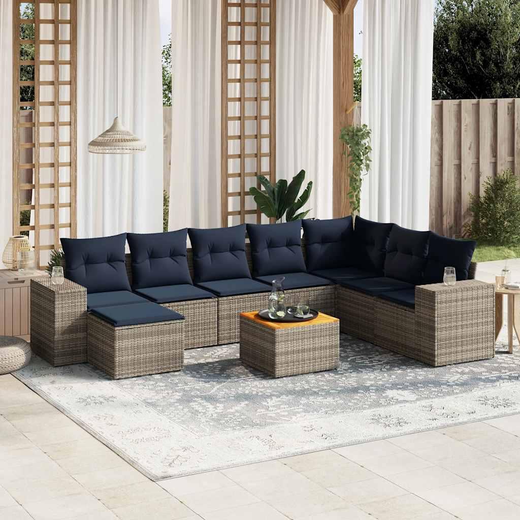 Havesofasæt i grå polyrattan med hynder - 9 dele, modulært loungesæt