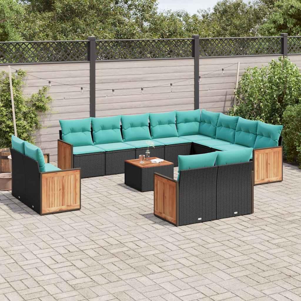 13-delt havesofasæt i sort polyrattan med blå hynder