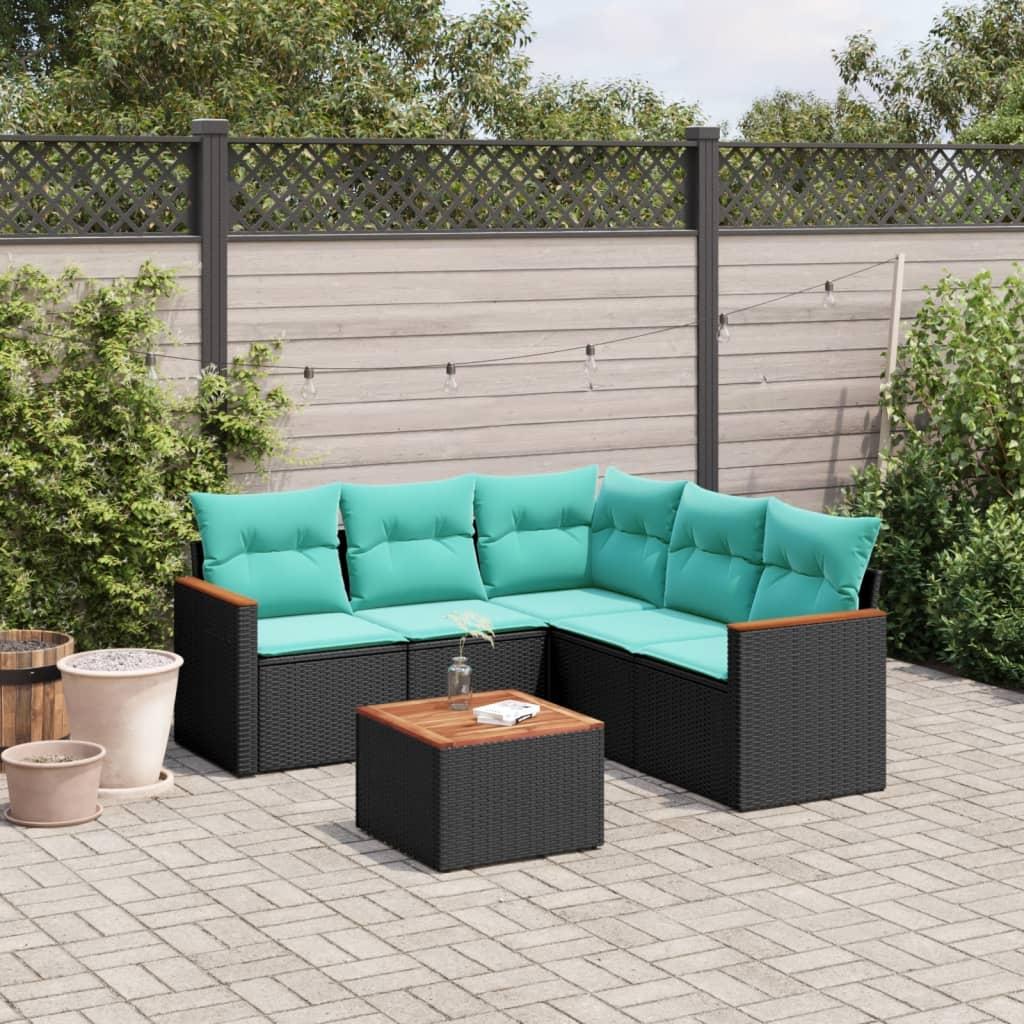 Havesofasæt i sort polyrattan med akacietræsbord - 6 ryghynder, 5 sædehynder, modulopbygget