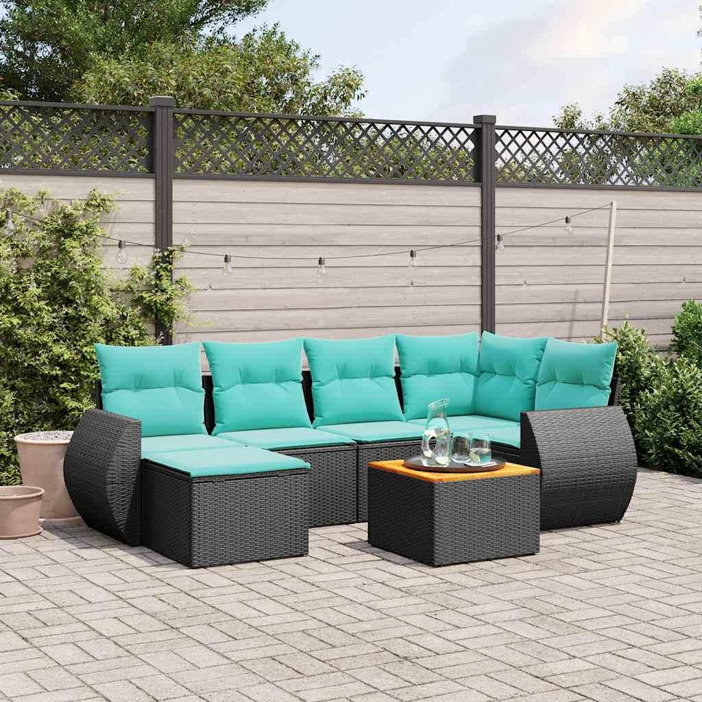 Havesofasæt i sort polyrattan med 7 blå hynder - modulært loungesæt