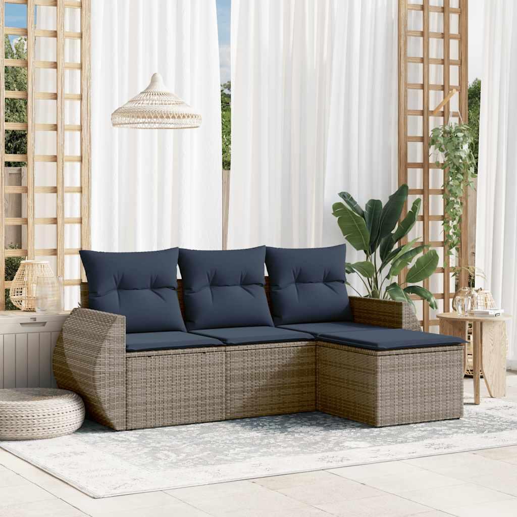 Havesofasæt med 4 dele og hynder grå polyrattan
