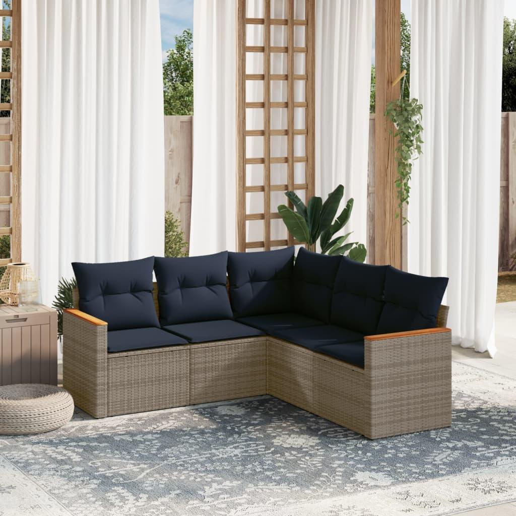 Havesofasæt i grå polyrattan med hynder - 5 dele, marineblå