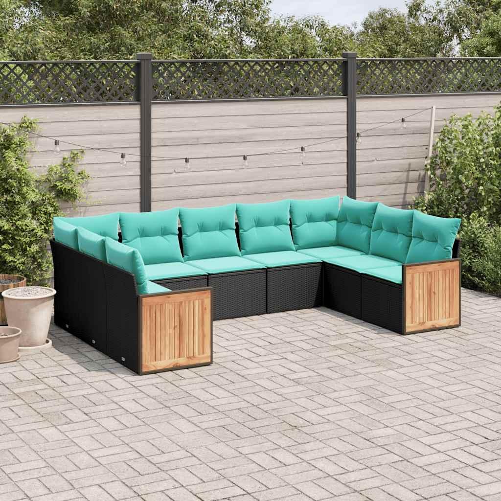 Havesofasæt i sort polyrattan med 9 dele og blå hynder