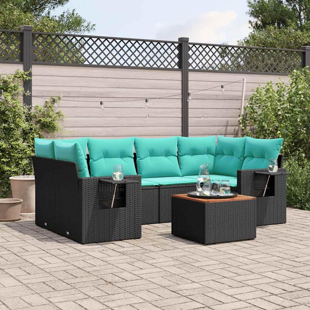 Havesofasæt i sort polyrattan med 7 blå hynder - modulært loungesæt