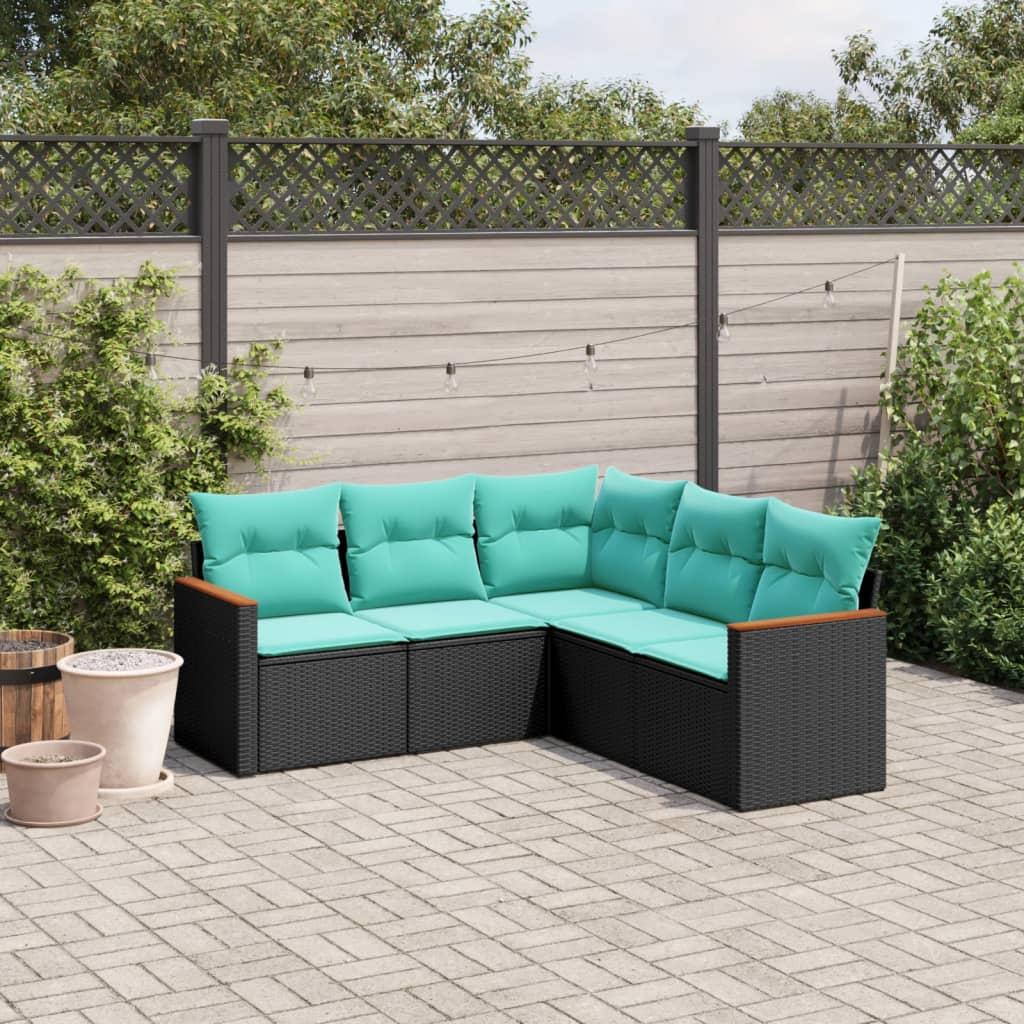 Havesofasæt i sort polyrattan med blå hynder - 5 dele, modulært