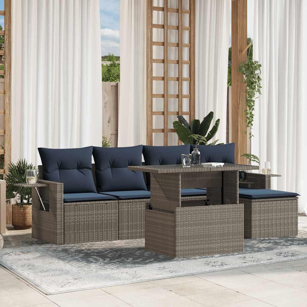 Havesofasæt i grå polyrattan - 6 dele med marineblå hynder og hæve-/sænkebord