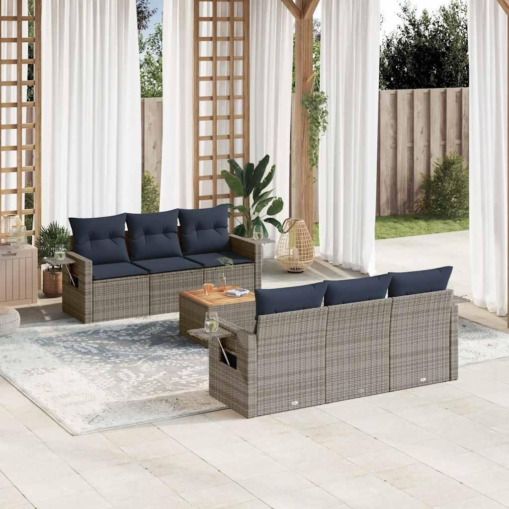 Havesofasæt i polyrattan - 7 dele med marineblå hynder, grå