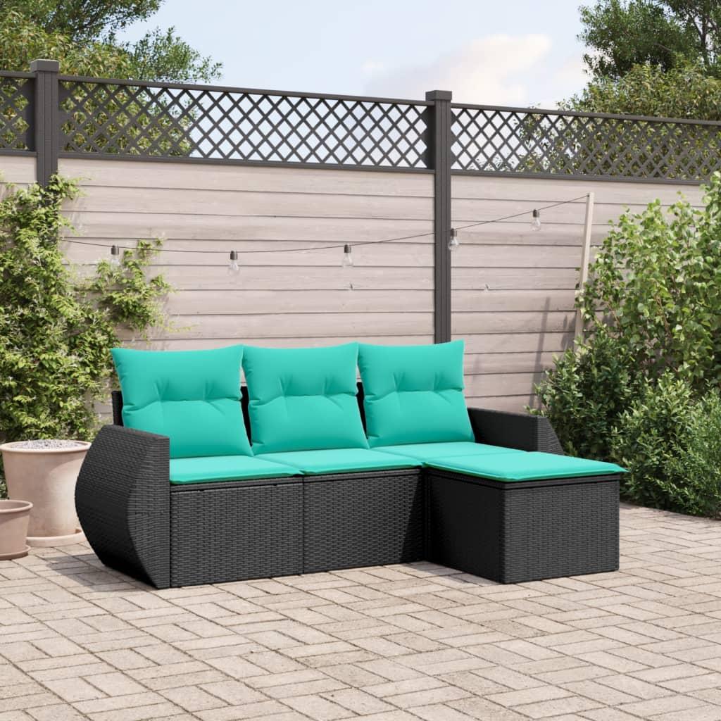 Havesofasæt med 4 dele og hynder sort polyrattan