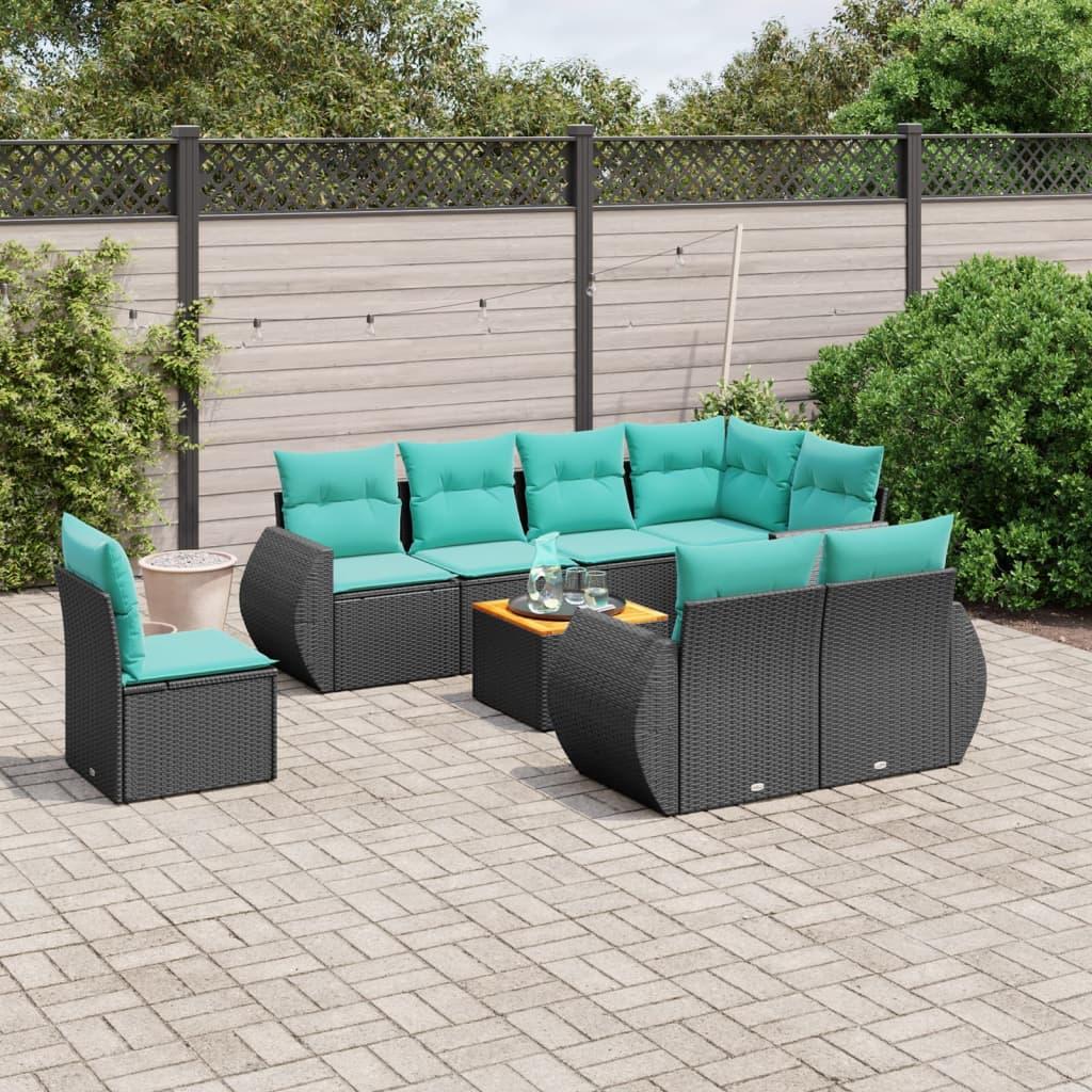 Havesofasæt i sort polyrattan - 9 dele med blå hynder