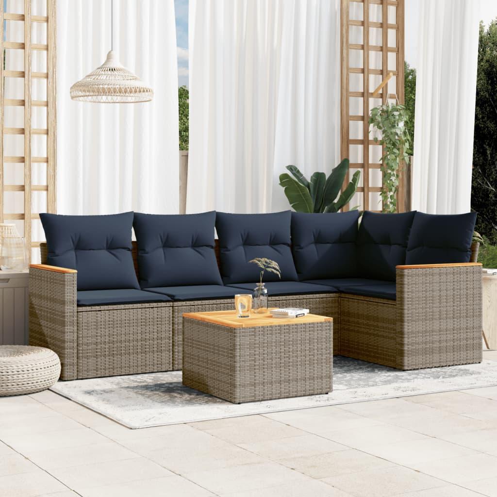 Havesofasæt i grå polyrattan med hynder - 6 dele, marineblå